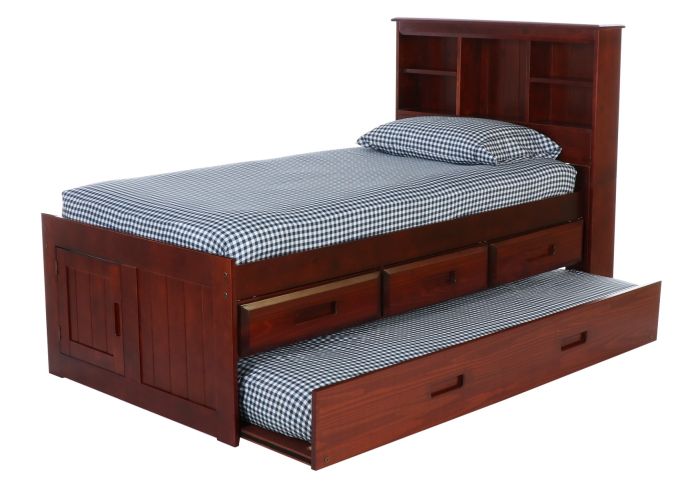 Twin Wooden captains bed with storage drawers and checkered bedding on a white background