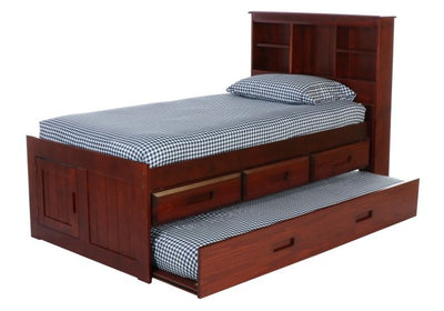 Twin Wooden captains bed with storage drawers and checkered bedding on a white background