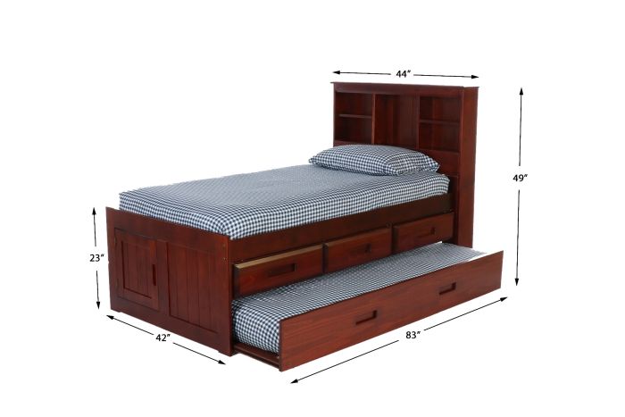 Wooden captains bed with trundle and bookshelf dimensions on a white background