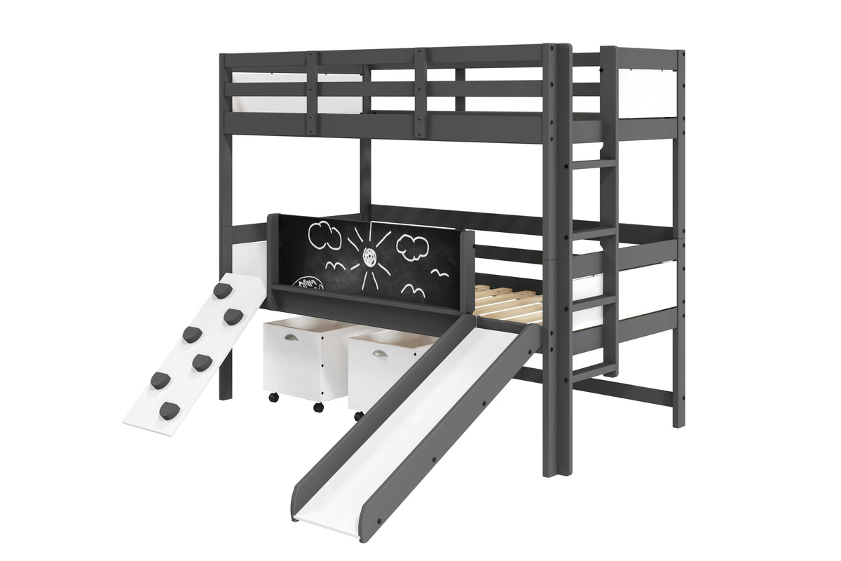 Gray Ophelia Bunk Bed with Slide & Climbing Wall featuring under-bed storage bins and chalkboard panel, great for organized kids' rooms.