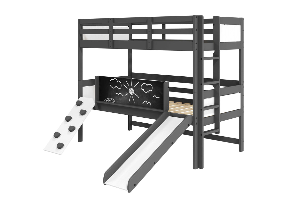 Ophelia Bunk Bed with Slide & Climbing Wall in gray and white, includes chalkboard panel and ladder-free design for safe, fun sleeping space.