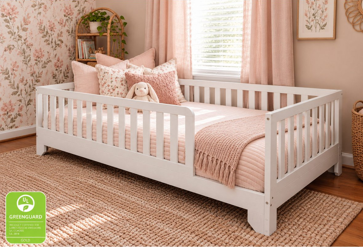 Luca White Twin XL Montessori Toddler floor bed with rails for boys or girls first bid kid bed