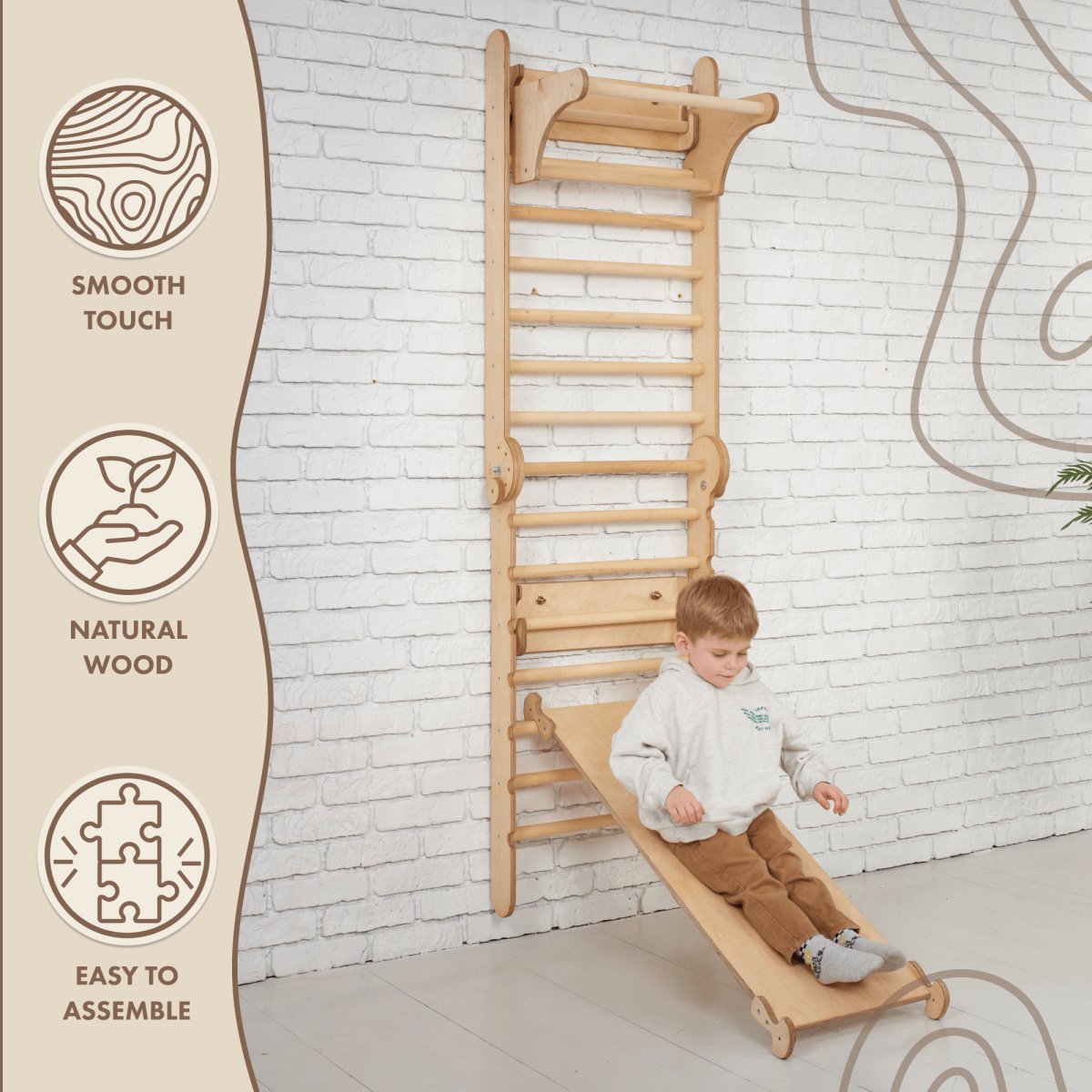 3in1: Wooden Swedish Wall / Climbing ladder for Children + Swing Set + Slide Board Goodevas
