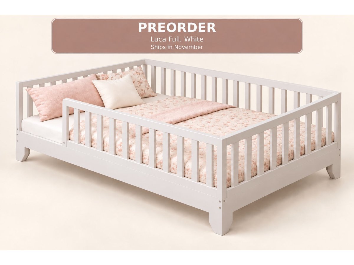 Luca white full-size Montessori floor bed with rails and a November preorder notice #color_white