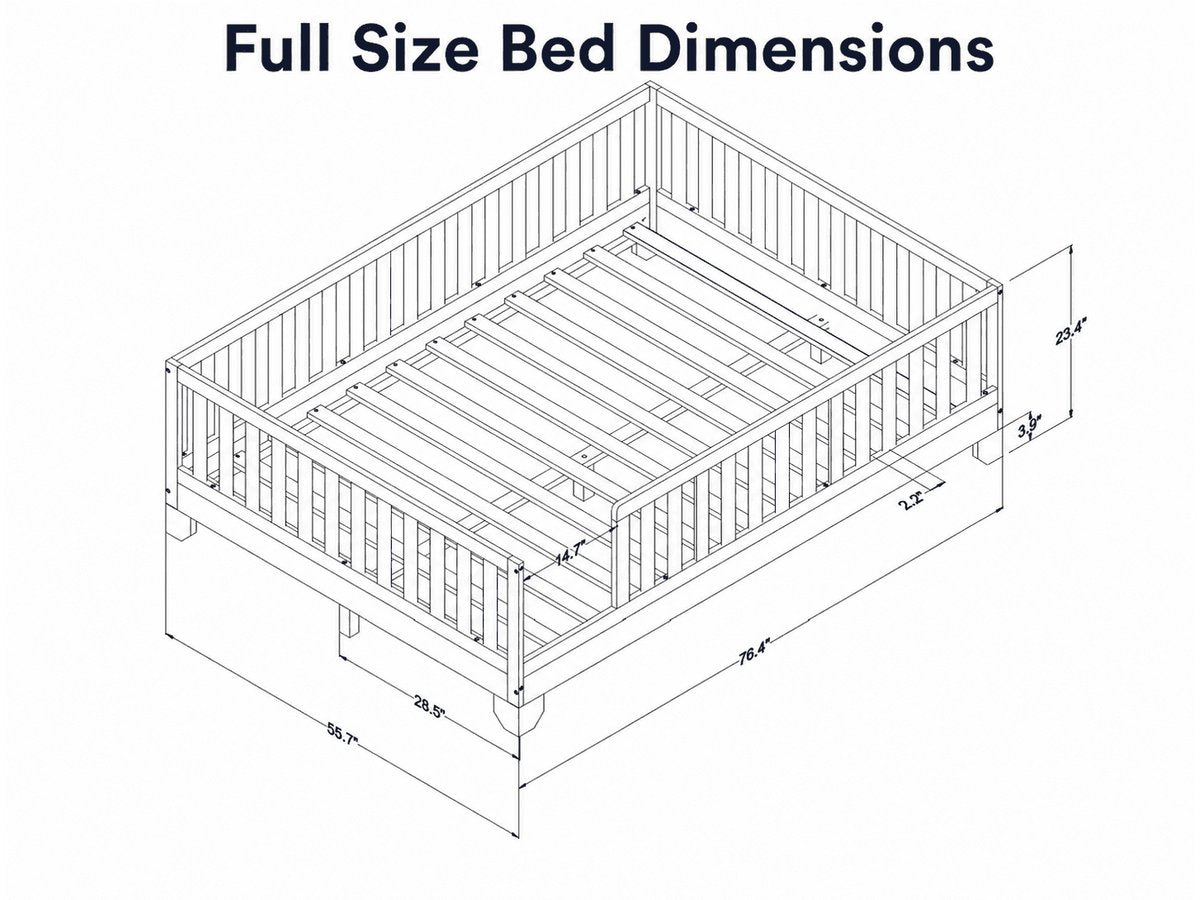 Luca white full-size floor bed dimension diagram showing frame and guard rail measurements #color_white