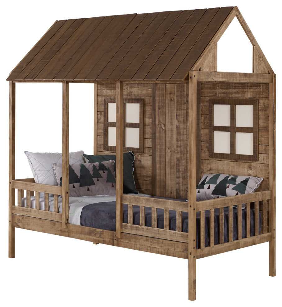 Side view of Brianna Cottage Loft Bed in rustic wood with twin mattress and house-style frame, perfect for kids' bedroom decor.