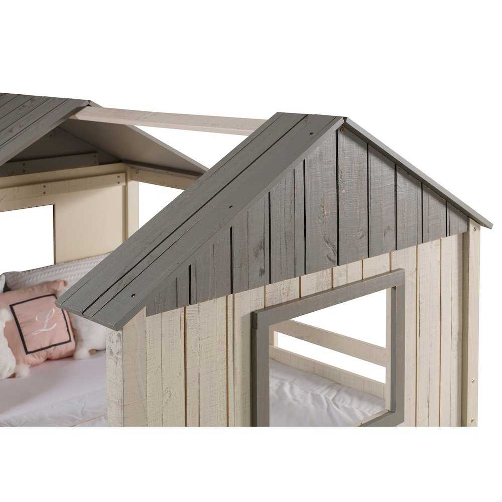 Luna Loft Bed - Functional & Fun House Style | Pine Wood close-up of the pine wood roof and window frame detailing on the Luna Low House Loft Bed.