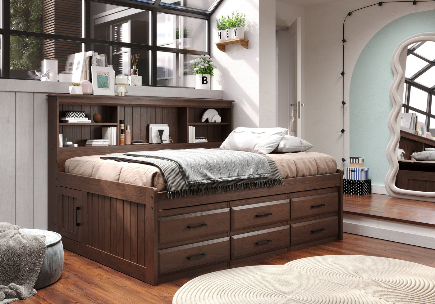 Claire Walnut Full Size Storage Bed with Bookcase Headboard Custom Kids Furniture