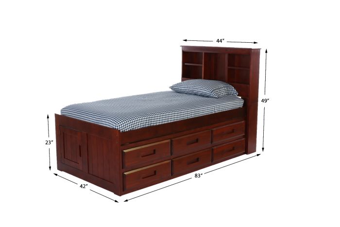 Twin Wooden bookcase bed with storage drawers and dimensions on a white background