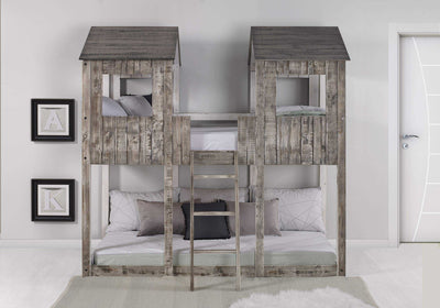 Rustic twin Colton Fort Bunk Bed in solid wood, featuring two tower-style frames and ladder access, perfect for shared children's rooms.