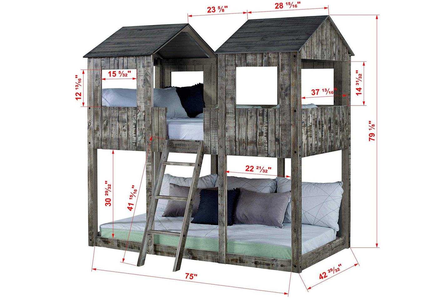Colton Fort Bunk Bed with detailed dimensions, showcasing twin-size layout, rustic finish, and solid wood construction for kids' bedrooms.