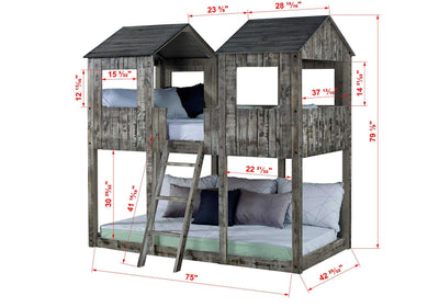 Colton Fort Bunk Bed with detailed dimensions, showcasing twin-size layout, rustic finish, and solid wood construction for kids' bedrooms.