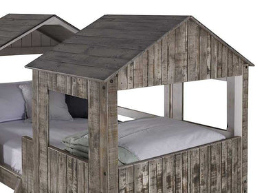 Close-up of Colton Fort Bunk Bed upper tower showing rustic wood texture and open window design, crafted from durable solid wood.