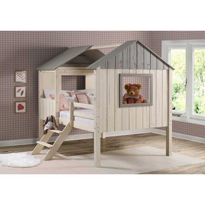 Luna Loft Bed - Functional & Fun House Style | Pine Wood loft bed with rustic white and gray finish, ladder access, and window cutouts in a girl's bedroom.