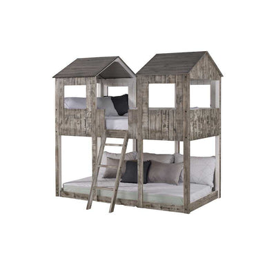 Colton Fort Bunk Bed - Twin Rustic Tower with solid wood frame and house-style design, ideal for kids' bedrooms and imaginative play.