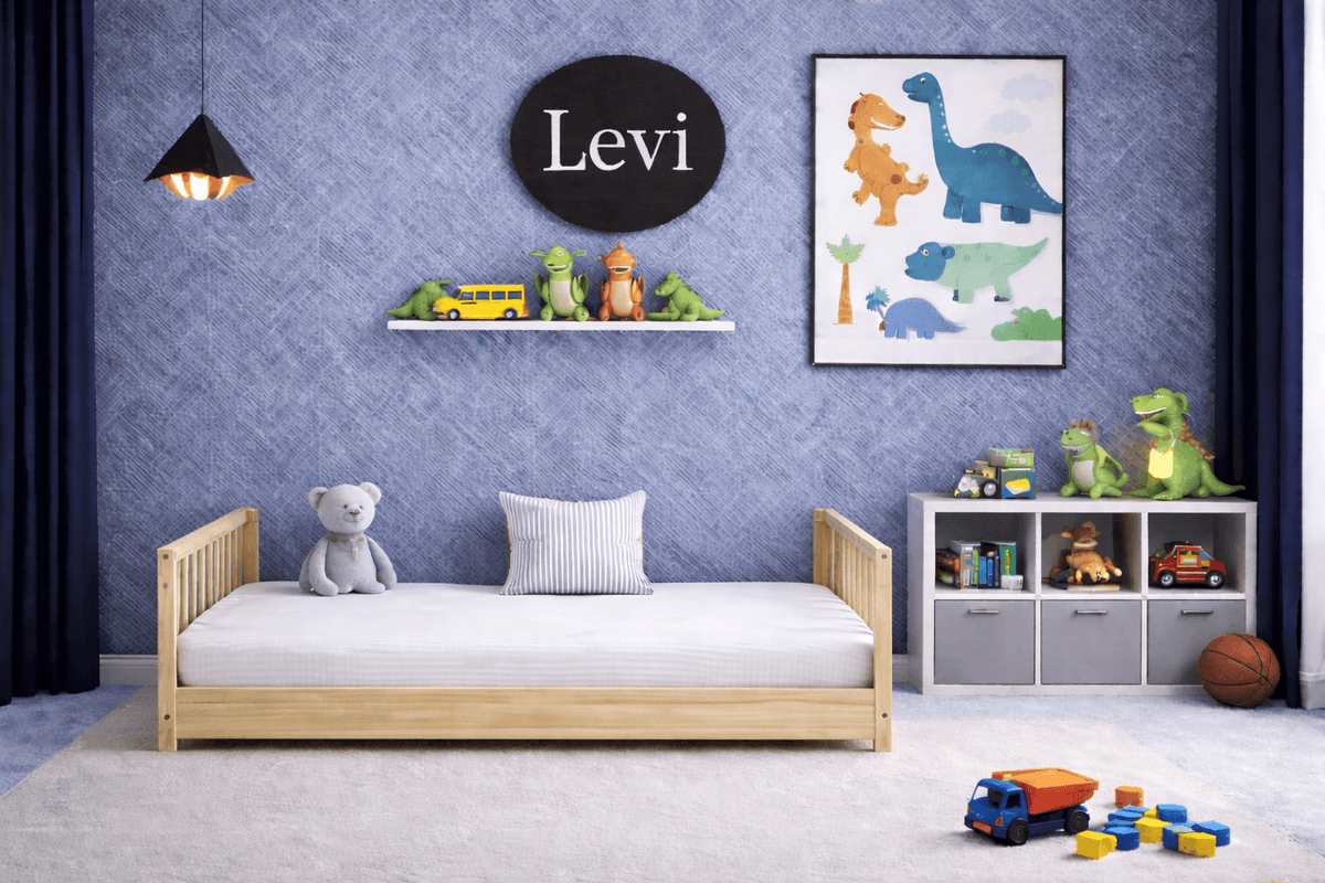 Levi Convertible Montessori Floor Bed with Rails in Toddler Bedroom