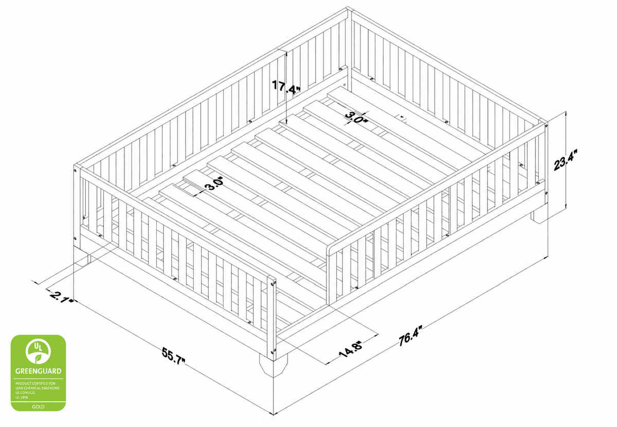 Dimensions for the Luca White Full Size Montessori Floor Bed With Rails for toddler boys or girls bedrooms