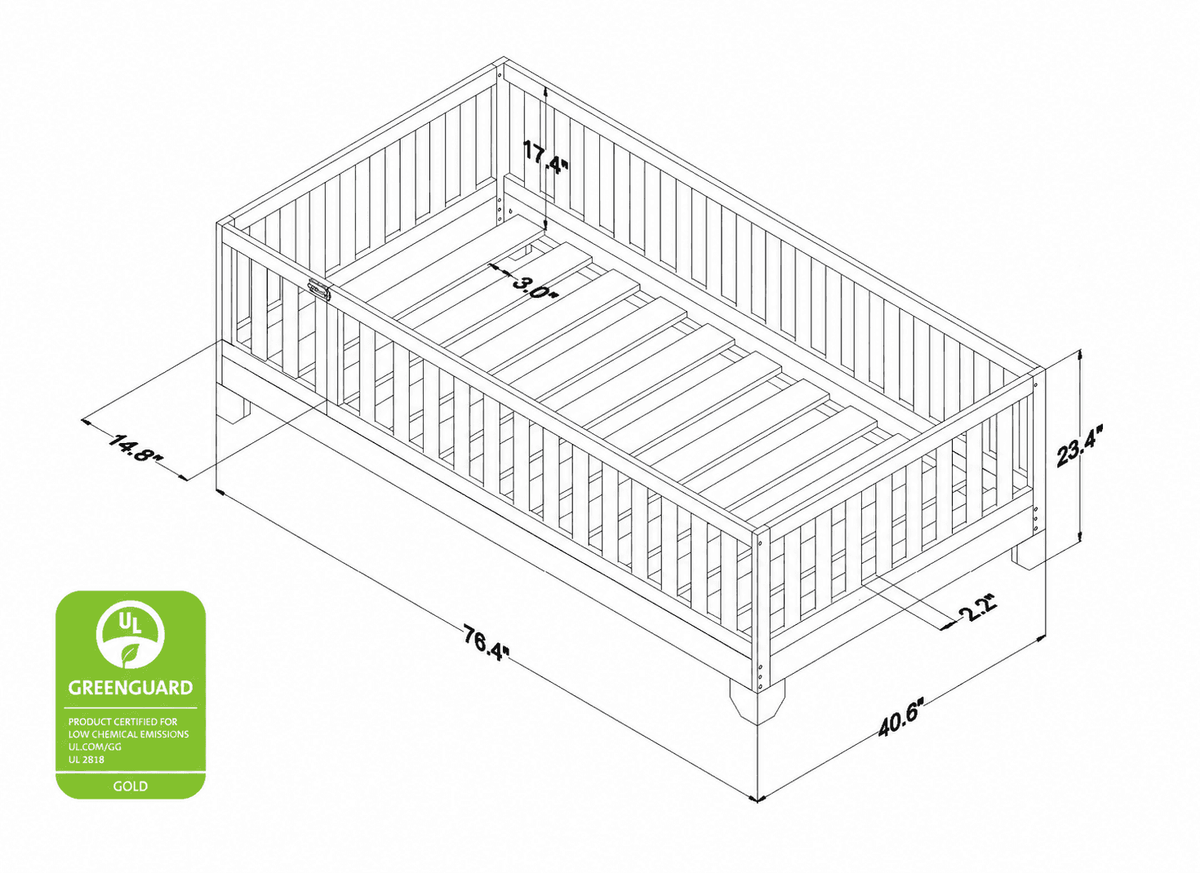Dimensions showing slat and guard rail spacing for the Luca Toddler Floor Bed with Gate | Convertible Montessori Twin Bed