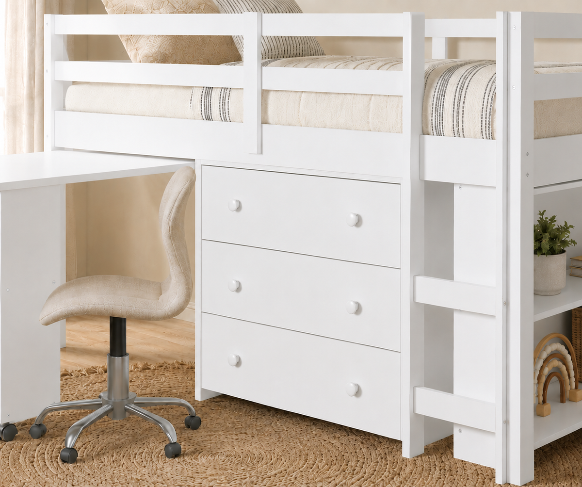 White loft bed for kids with desk and  3 drawer built in dresser