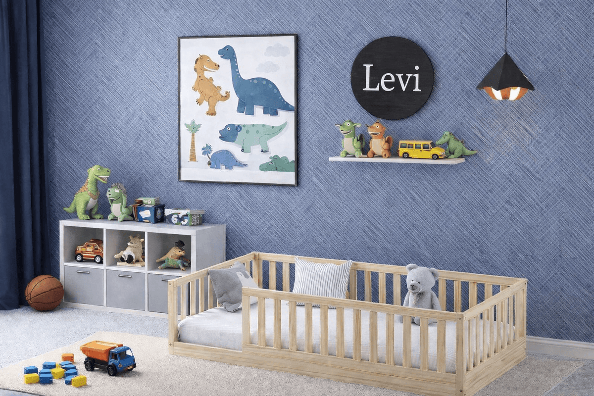 Twin Size Convertible Montessori Floor Bed with Rails in Toddler Boys Bedroom