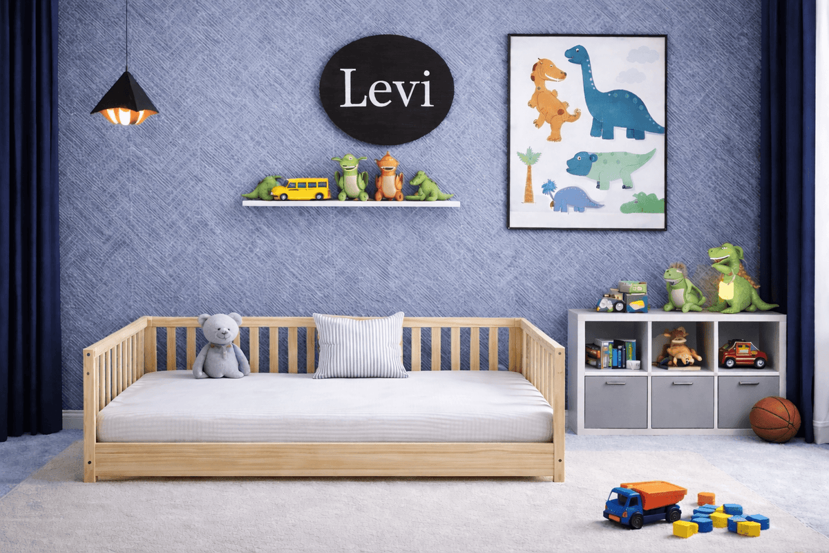 Montessori Floor DayBed with Rails in Toddler Boys Bedroom