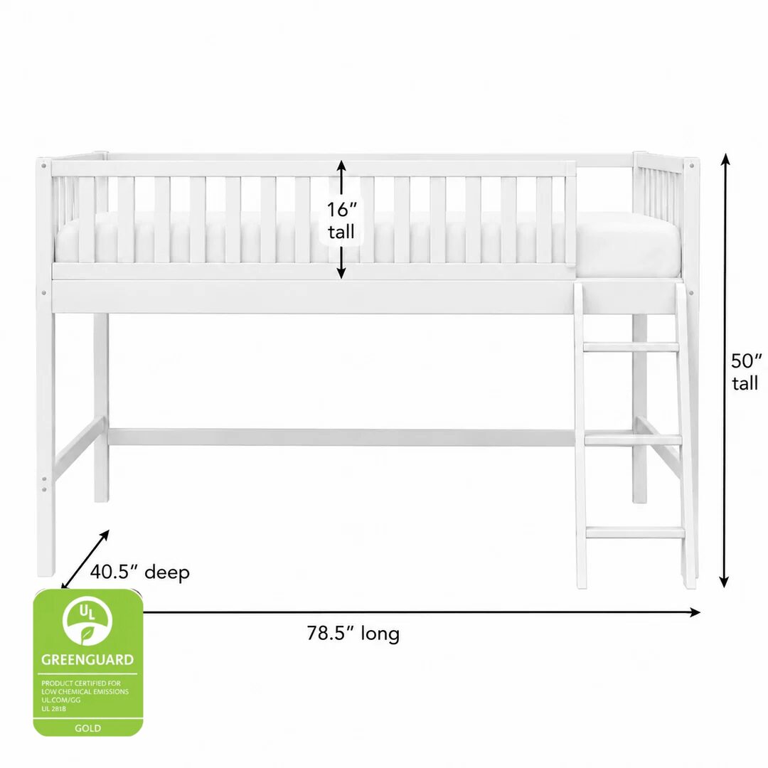 White toddler loft bed for kids with twin size dimensions labeled on a white background