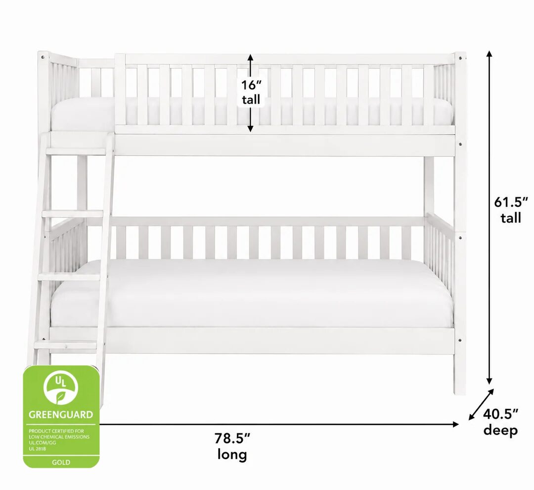 White toddler bunk bed with twin size dimensions labeled on a white background