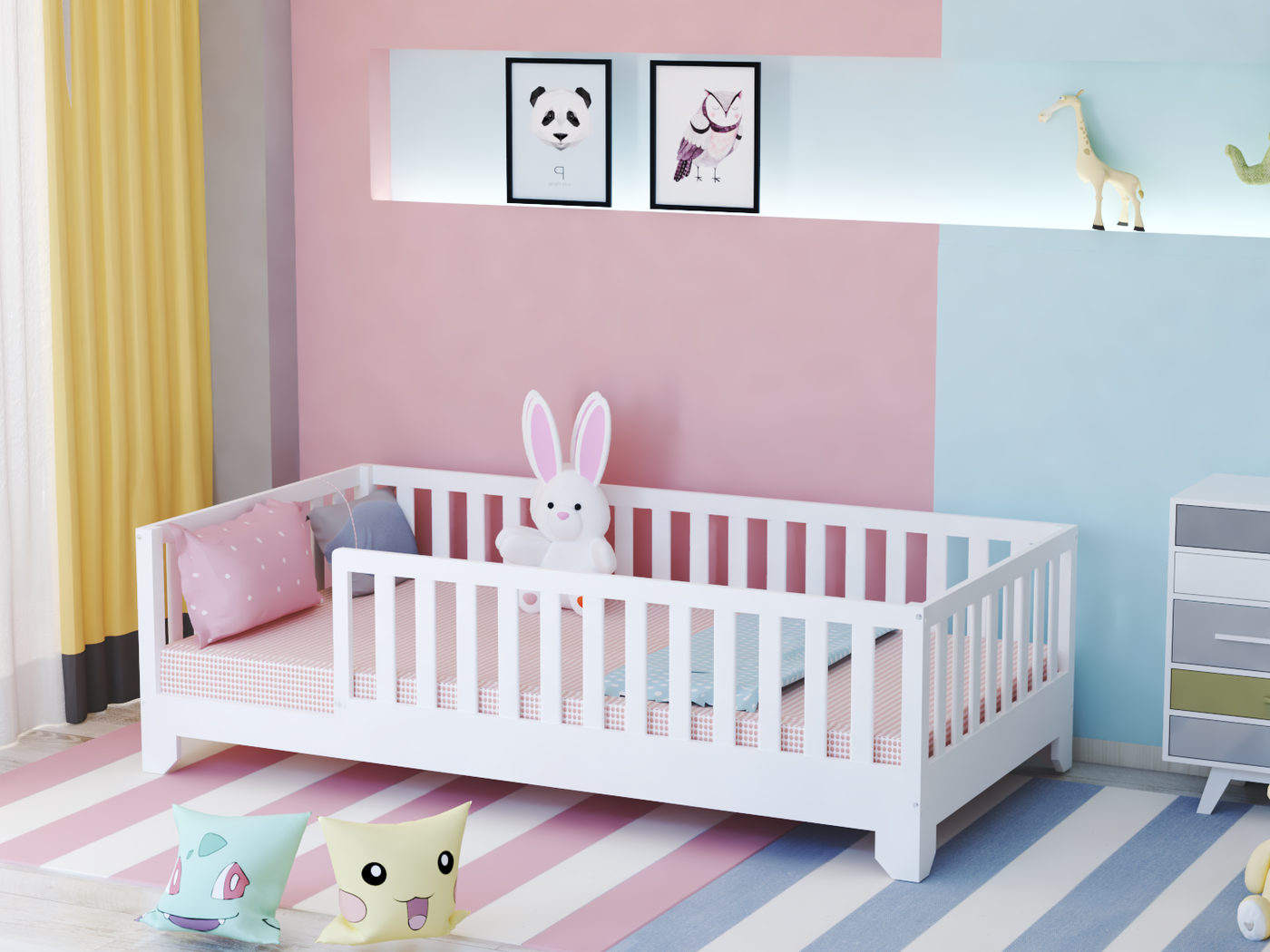 Luca White Montessori Floor Bed with Rails Custom Kids Furniture