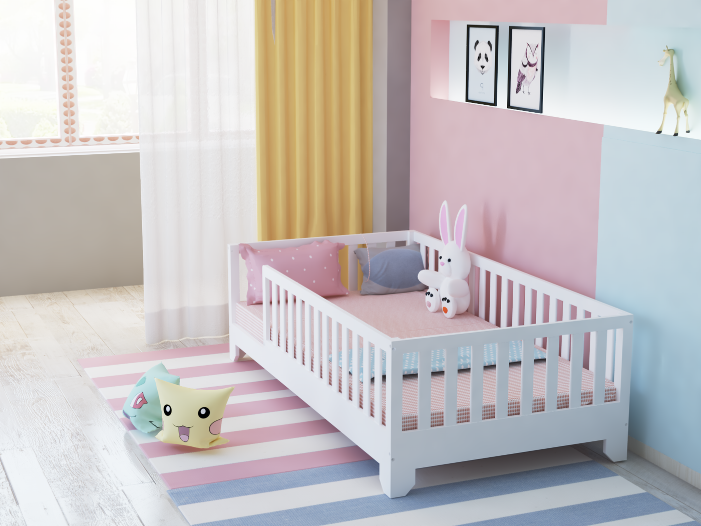 Luca White Montessori Floor Bed with Rails Custom Kids Furniture