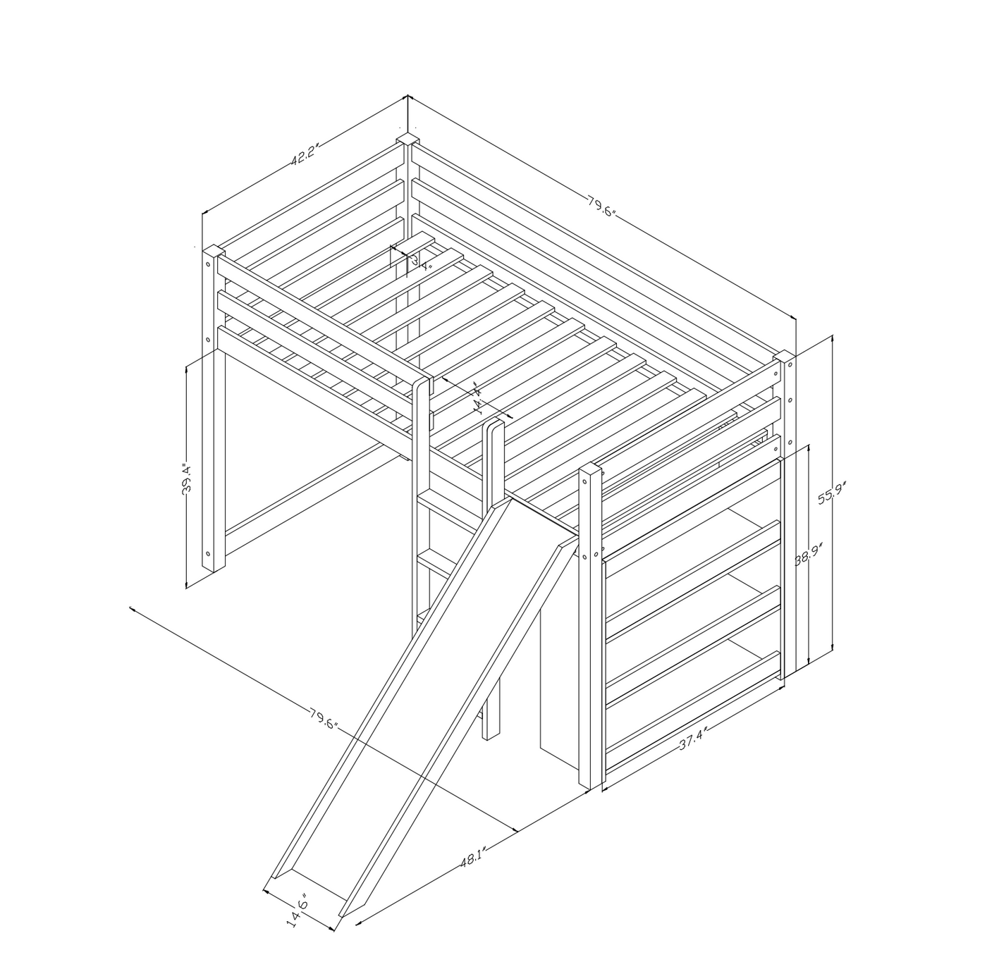 Harper Twin Loft Bed with Slide & Built-In Shelving Custom Kids Furniture