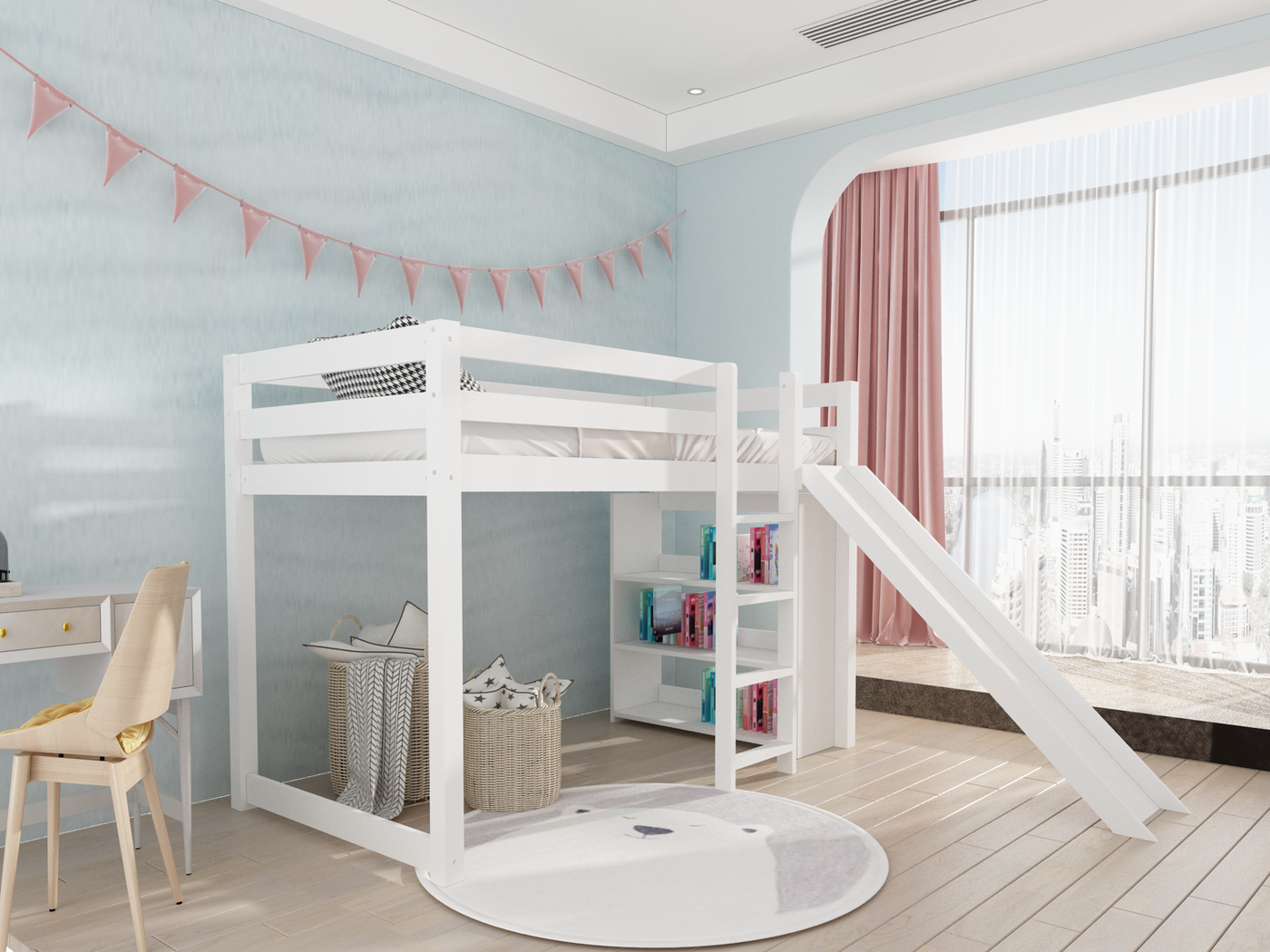 Harper Twin Loft Bed with Slide & Built-In Shelving Custom Kids Furniture