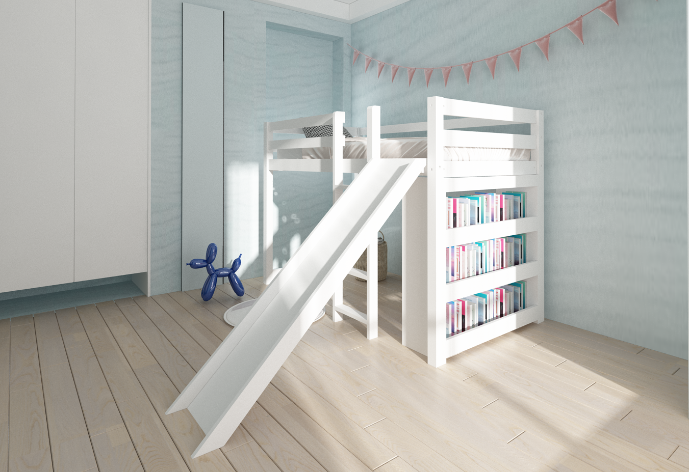 Harper Twin Loft Bed with Slide & Built-In Shelving Custom Kids Furniture