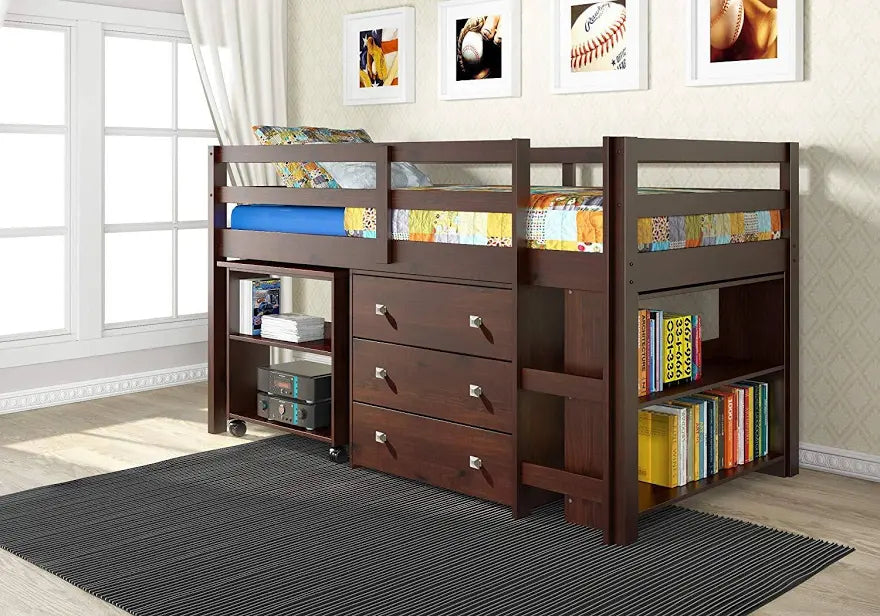 Gabriel Espresso Loft Bed with Desk and Dresser in One – Custom Kids Furniture