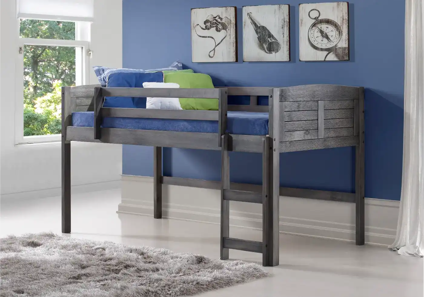 Hailey Grey Loft Bed - Modern Loft Bed with antique grey finish, ideal for kids' rooms with space-saving elevated design and safety rails.