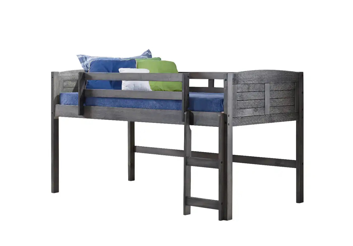 Hailey Grey Modern Loft Bed featuring a twin-size elevated frame, side ladder, and guardrails, perfect for small children's bedrooms.