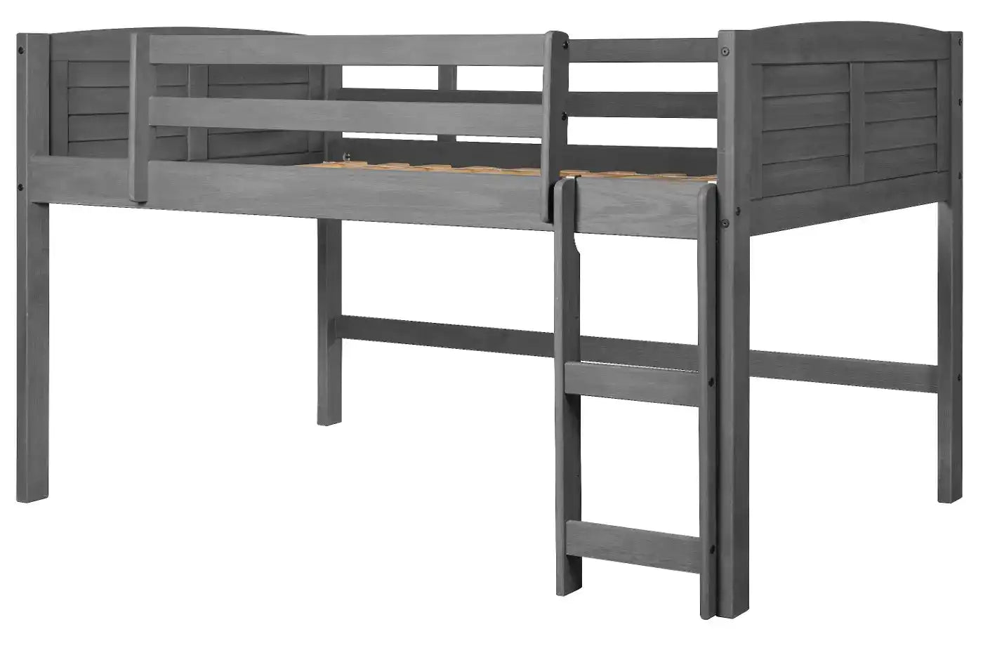 Hailey Grey Loft Bed in antique grey wood with slatted headboard and footboard, showcasing minimalist modern style and safety-focused design.
