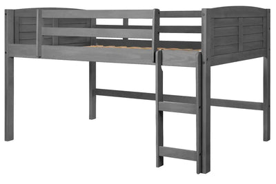 Hailey Grey Loft Bed in antique grey wood with slatted headboard and footboard, showcasing minimalist modern style and safety-focused design.