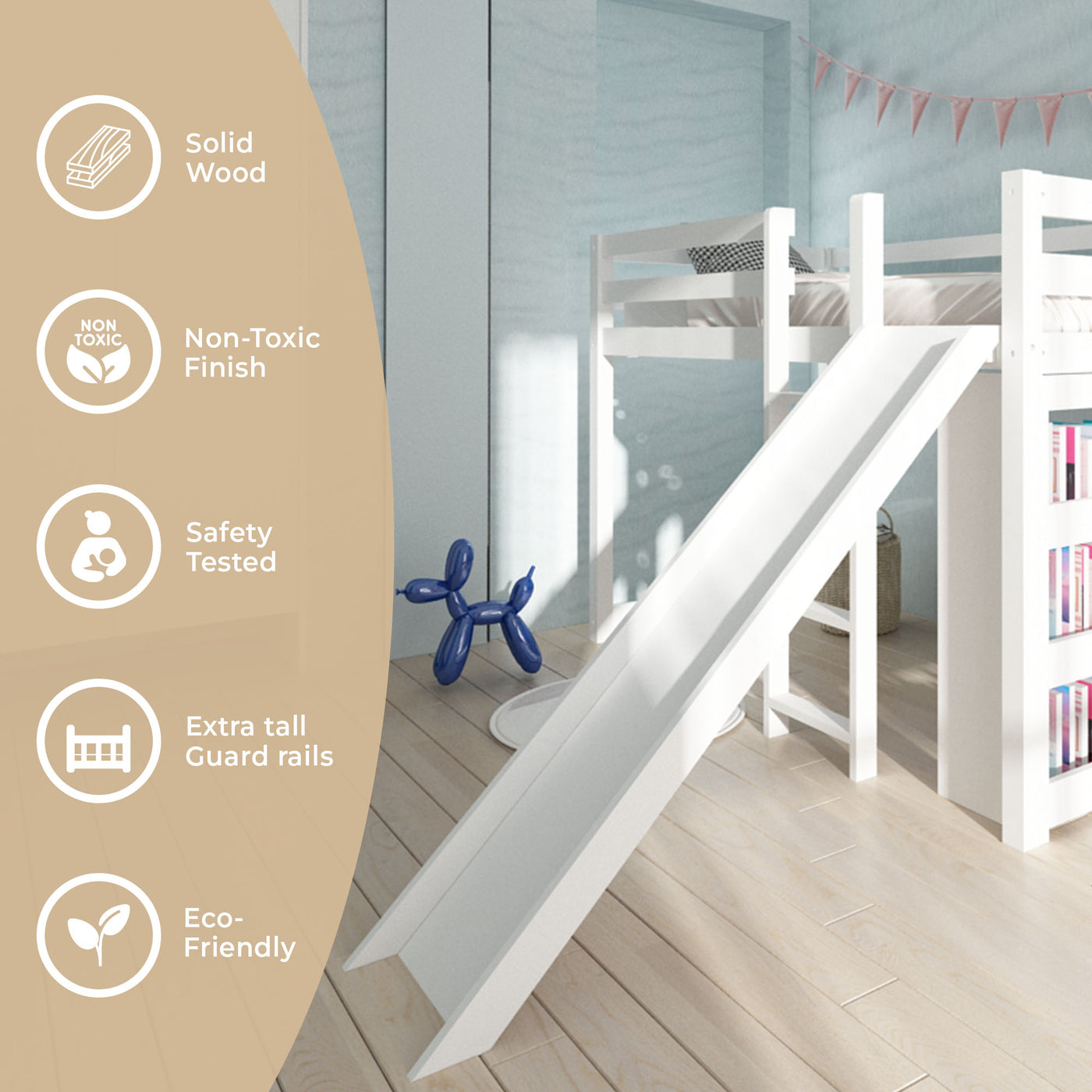 Harper Kids Bunk Bed with Slide & Built-In Shelving Custom Kids Furniture