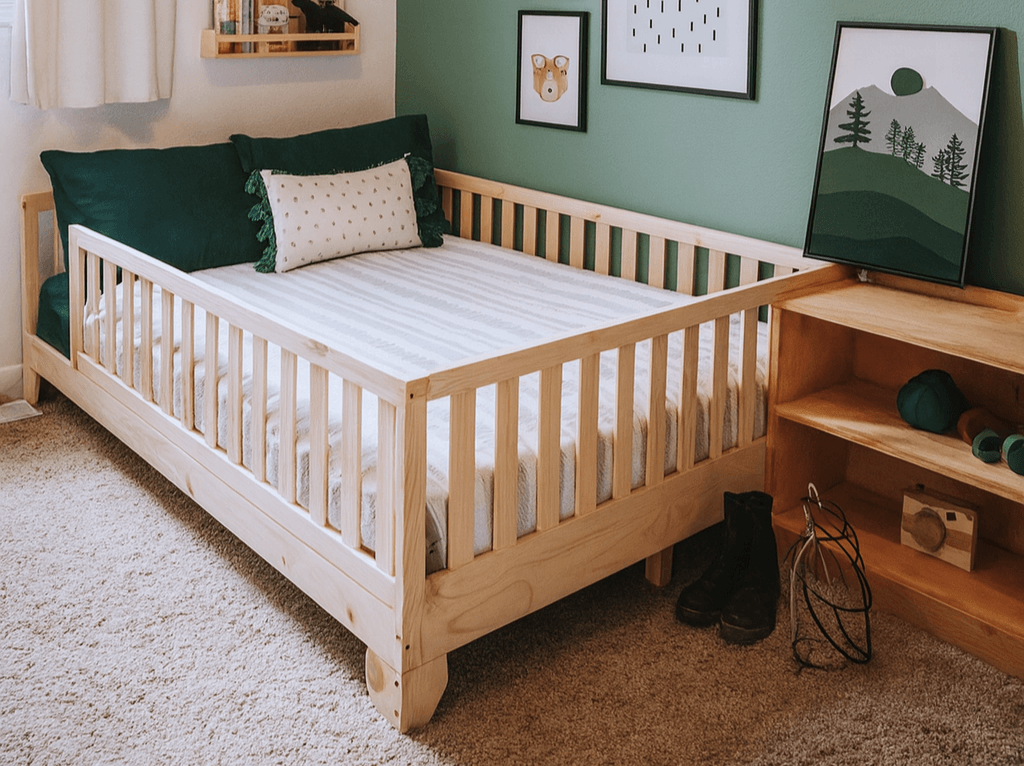 Close-up of Luca Montessori Floor Bed with Rails in a cozy room with green pillows and natural wood finish for a calming sleep space.