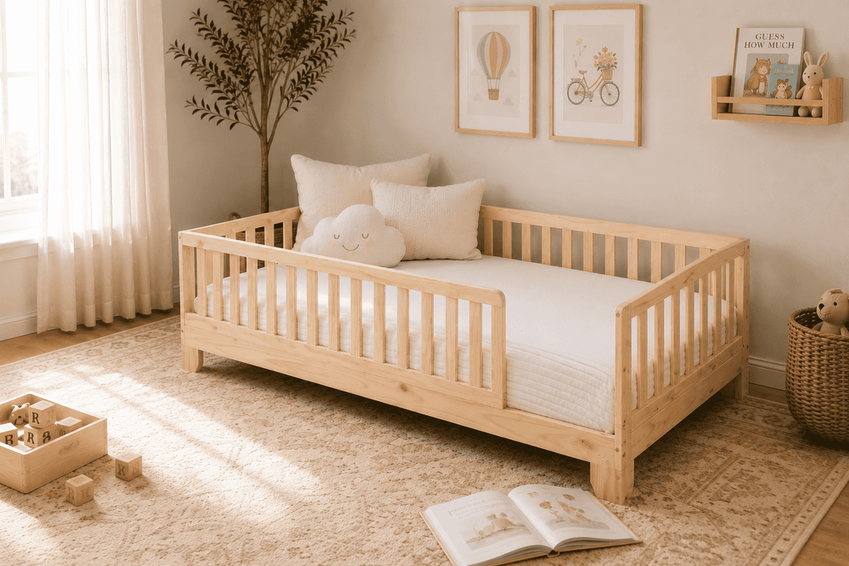 Luca Convertible Full, Twin XL, & Twin Montessori Bed With Rails Designed for Toddler’s First Big Kid Beds