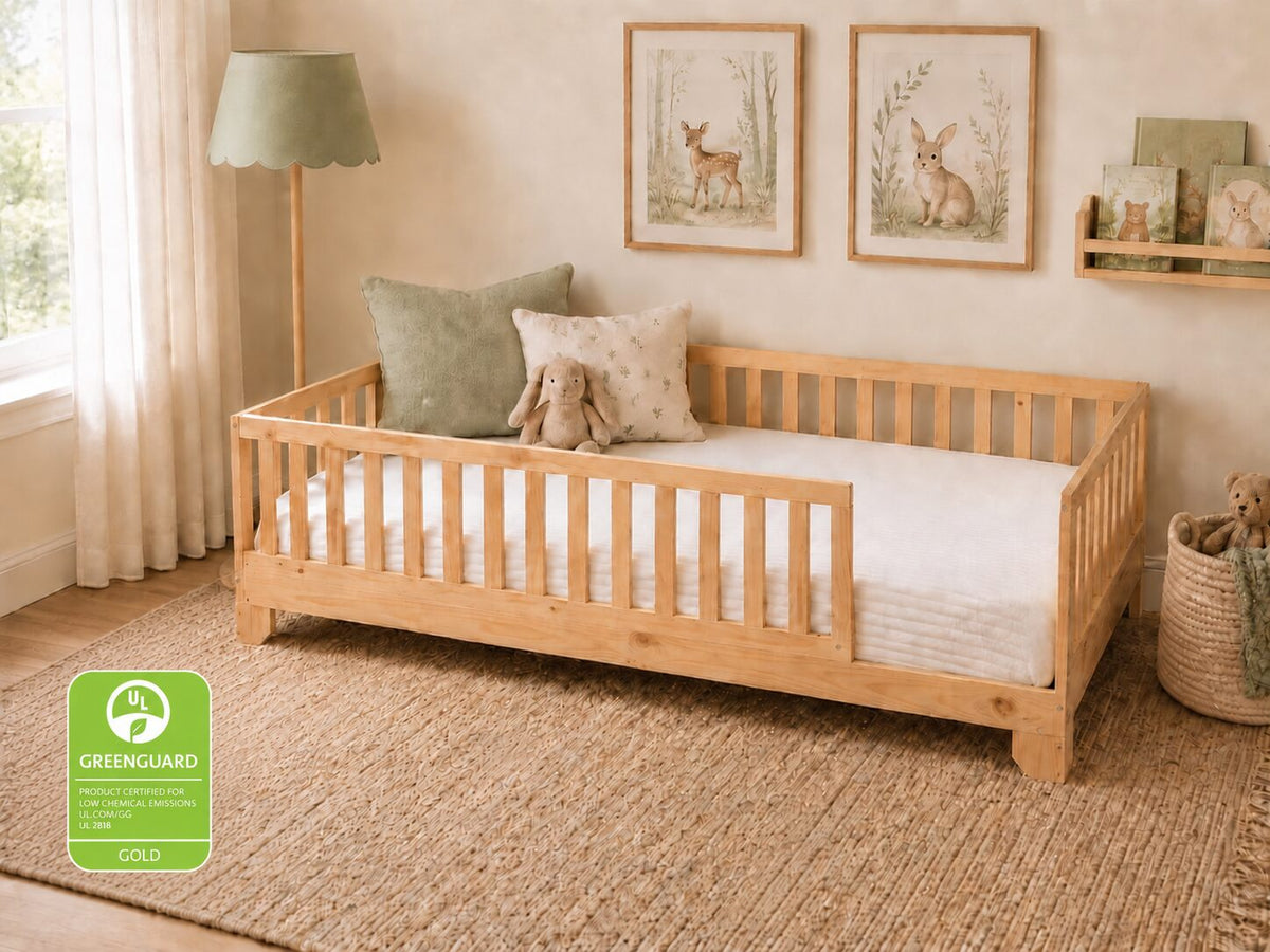 Unfinished, twin size Luca Toddler Floor Bed Greenguard Gold Certified.  Designed with guard rails and an optional gate in a Montessori style for the transition from crib to big kid bed.