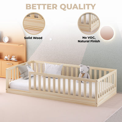 Hardwood Levi Montessori Floor Bed with Rails Custom Kids Furniture
