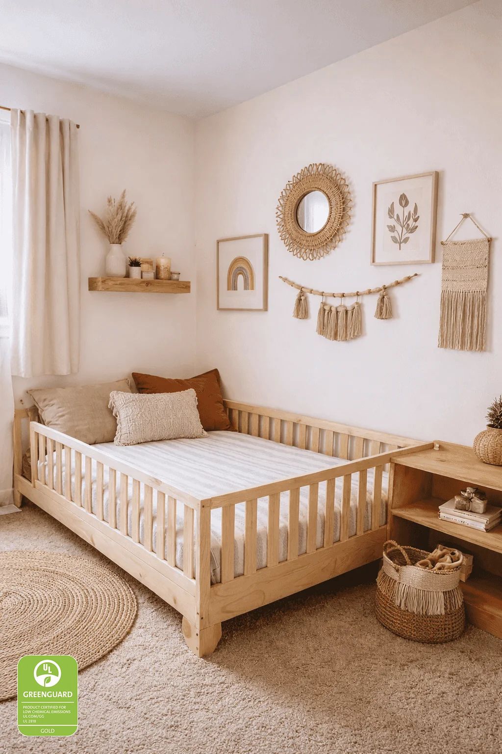 Montessori Full Size Floor Bed with Rails in natural calming toddler bedroom