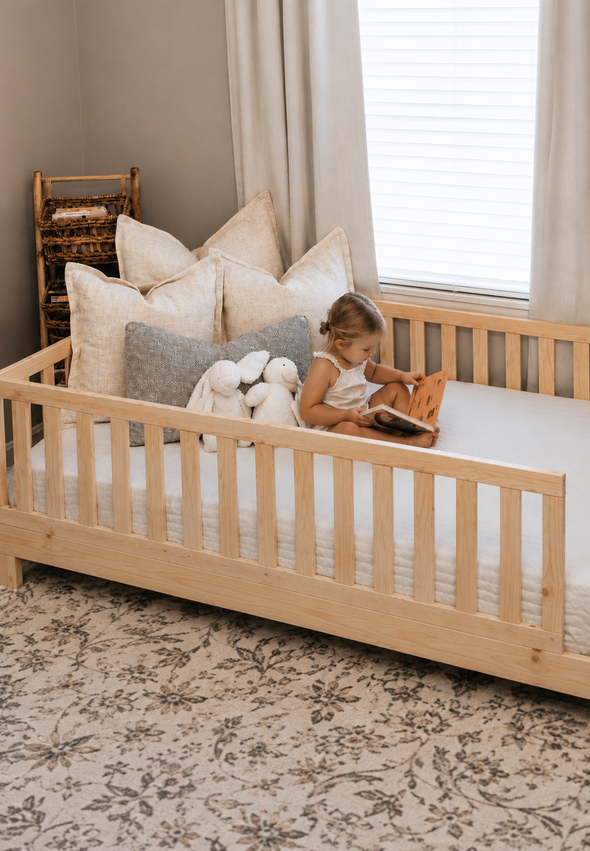 Natural wood Luca Montessori floor bed with safety rails in a toddler bedroom