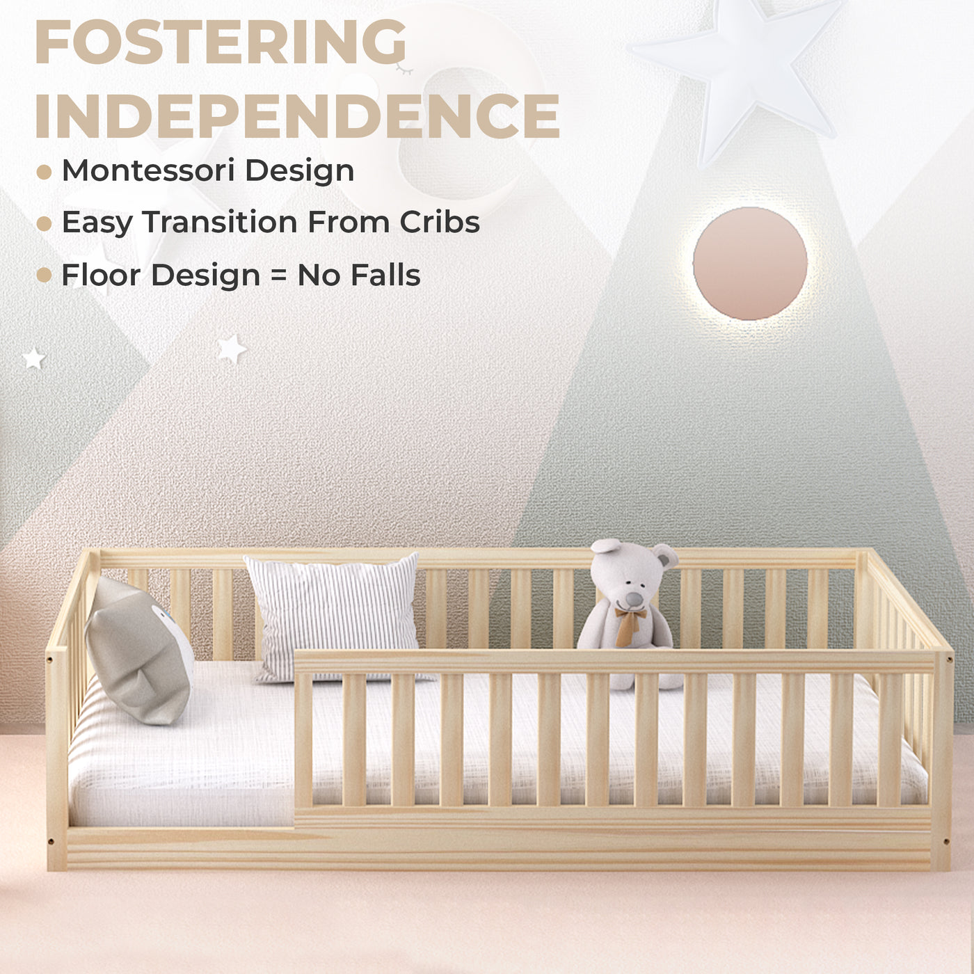 Hardwood Levi Montessori Floor Bed with Rails Custom Kids Furniture
