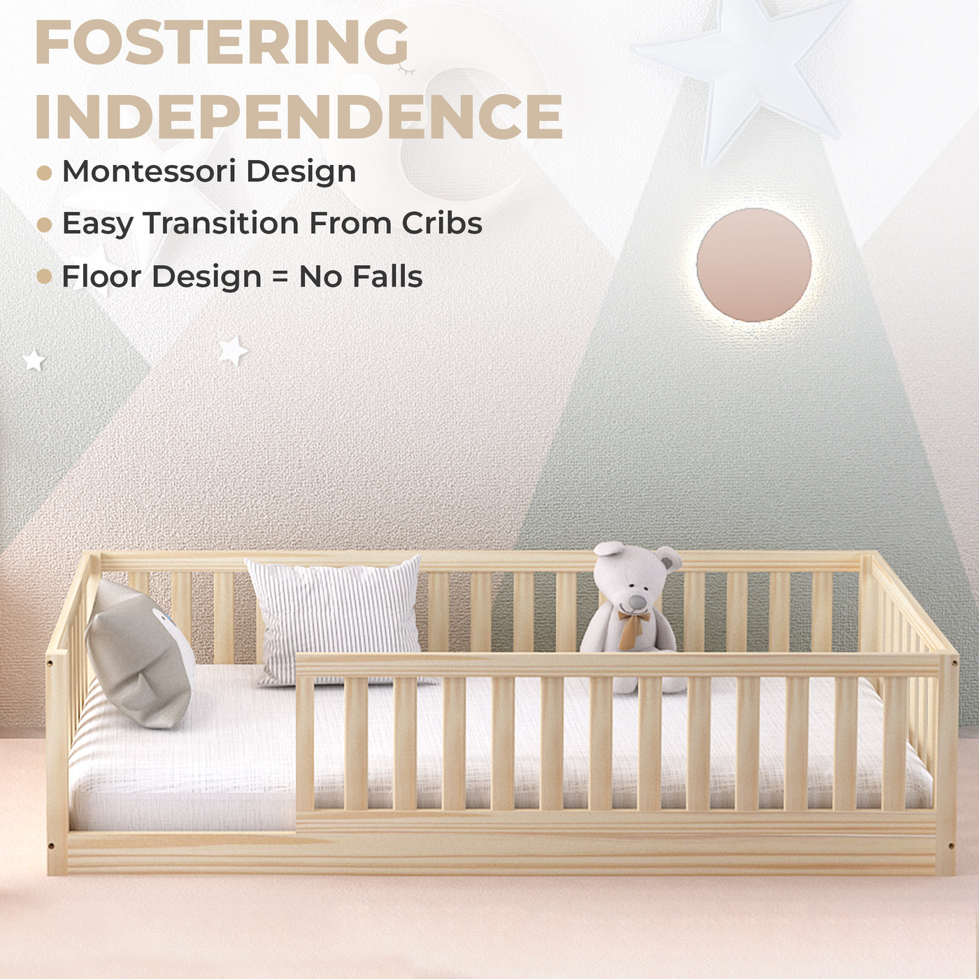 Hardwood Levi Montessori Floor Bed with Rails Custom Kids Furniture
