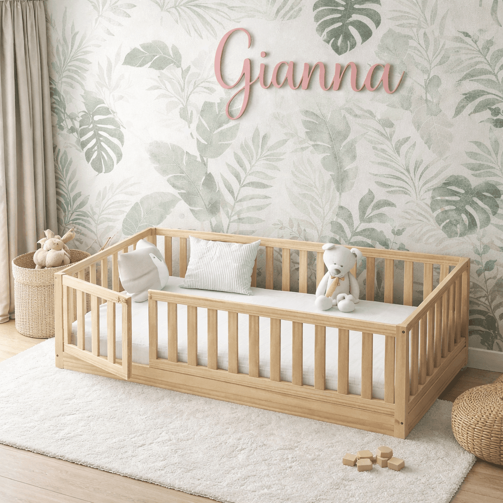 Gianna Natural Convertible Toddler Floor Bed with Gate and Rails from Custom Kids Furniture