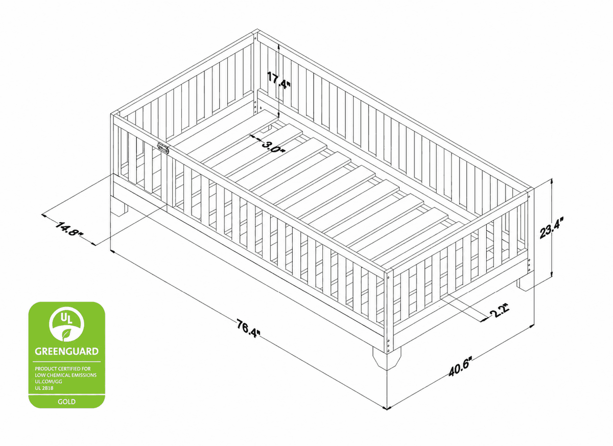 Diagram displaying the dimensions of the twin size, natural Luca toddler floor bed with guard rails and a gate