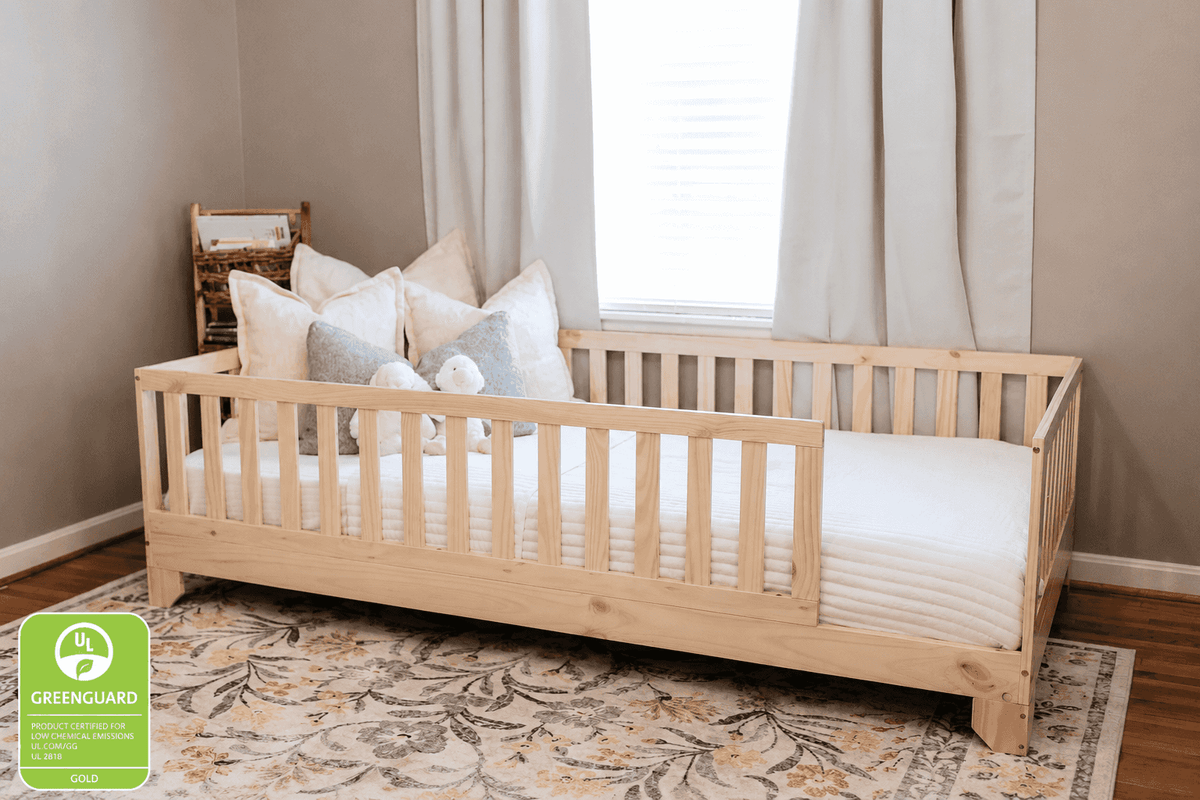 Luca Montessori Floor Bed With Rails  | Designed for a safe toddler bed transition with Greenguard gold certification 