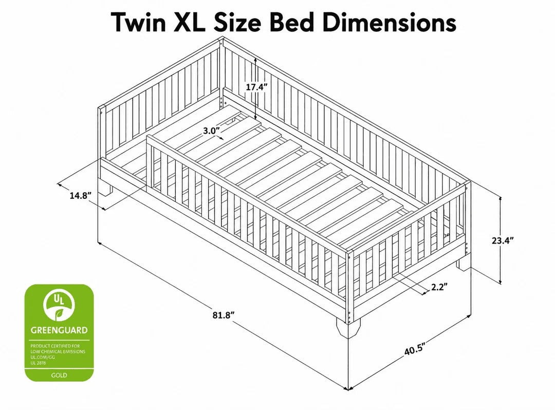 A line drawing diagram showing the dimensions of a twin XL size floor bed frame, with measurements labeled in inches and a green GreenGuard badge in the lower left corner.
